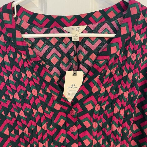 Colorful 4x Womens Pink Blouse Pleated Button Geometric Bright Terra & Sky Shirt - Picture 2 of 5